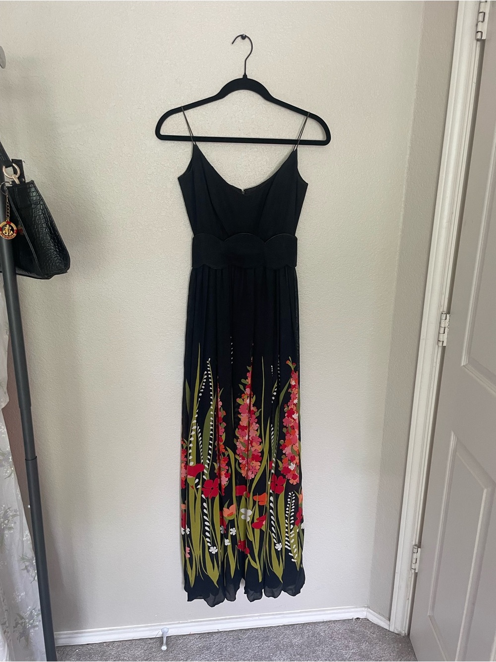 Rare 1970s Vintage Ronald Amey Couture Black Floral maxi Dress
